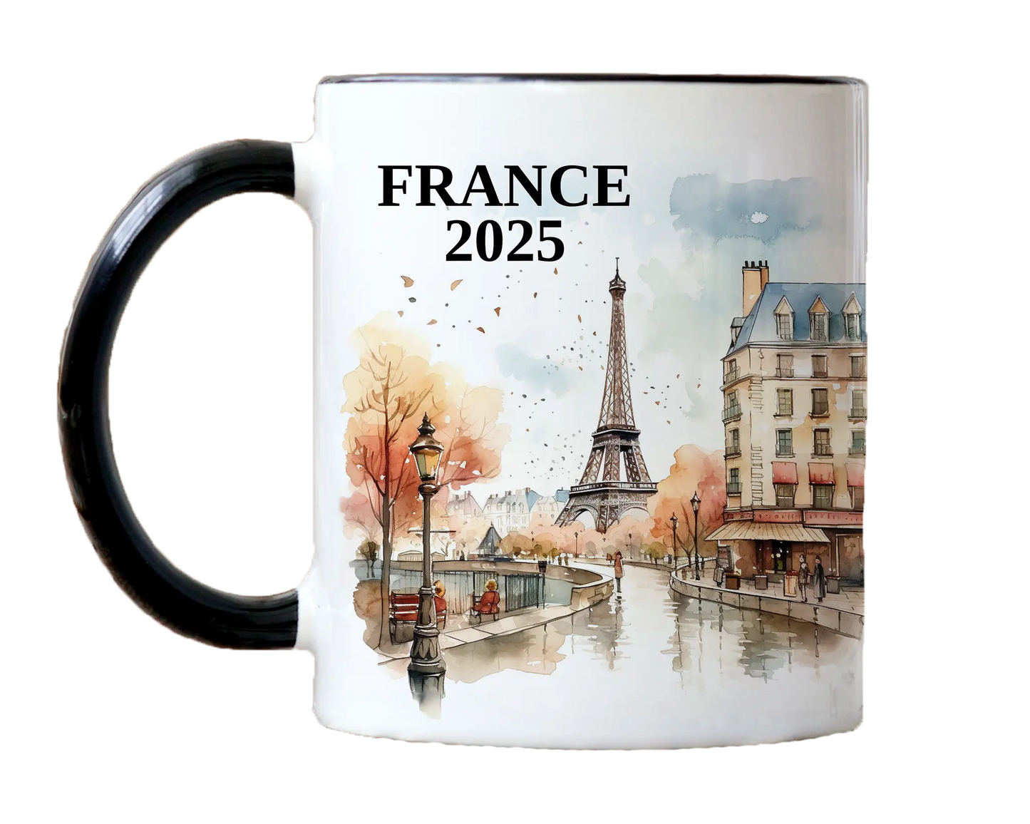Custom ceramic France vacation mug with watercolor location design, date, and personal photo – personalized travel gift or photo mug. 