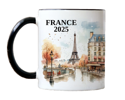 Custom ceramic France vacation mug with watercolor location design, date, and personal photo – personalized travel gift or photo mug. 