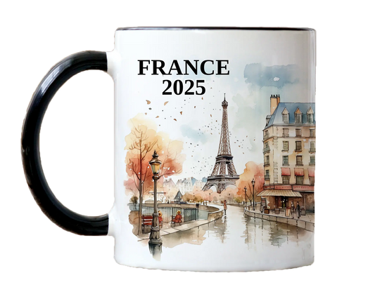 Custom ceramic France vacation mug with watercolor location design, date, and personal photo – personalized travel gift or photo mug. 
