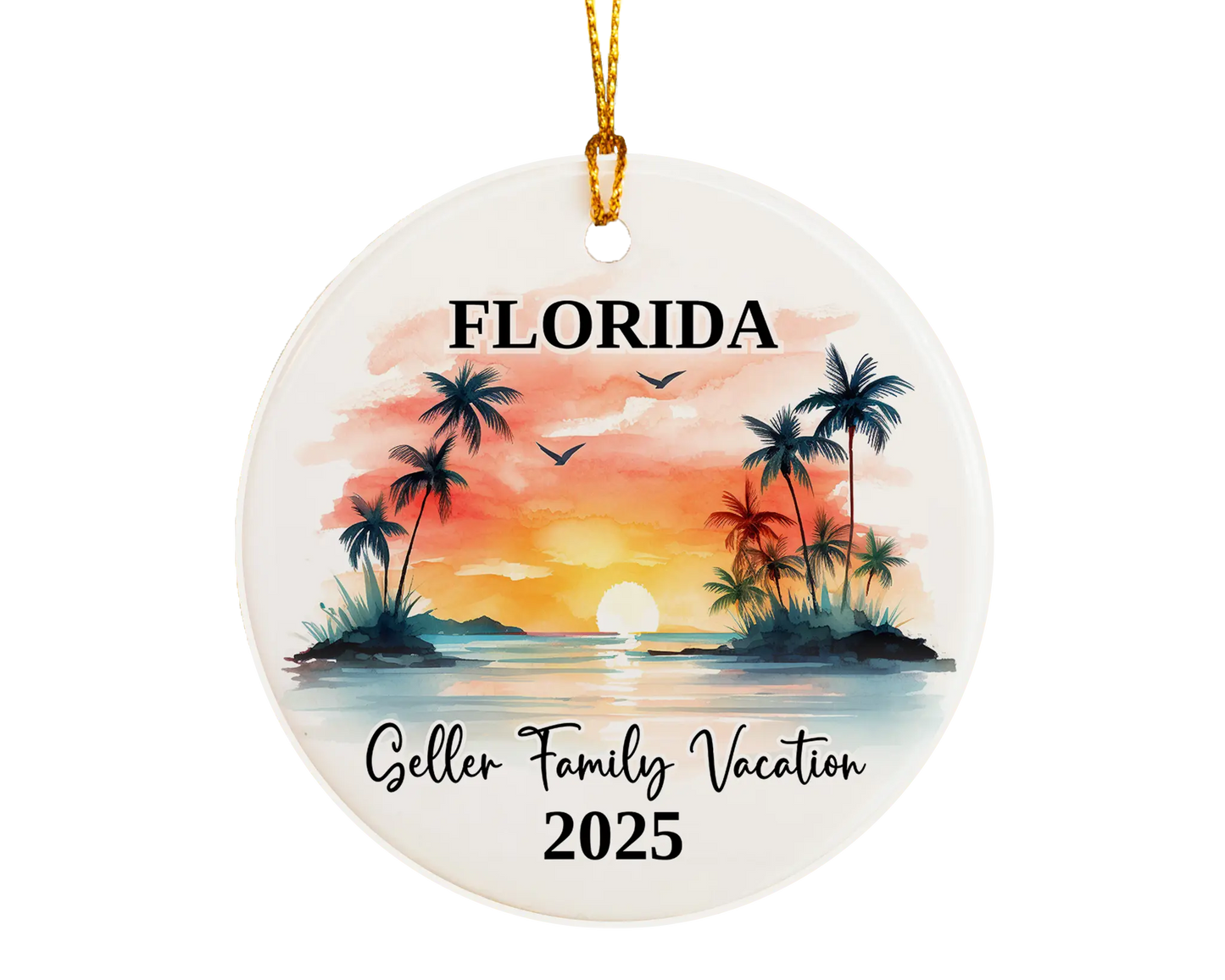 Custom vacation Florida ceramic photo ornament with personalized message – handmade Christmas bauble, gift souvenir, or vacation keepsake. 