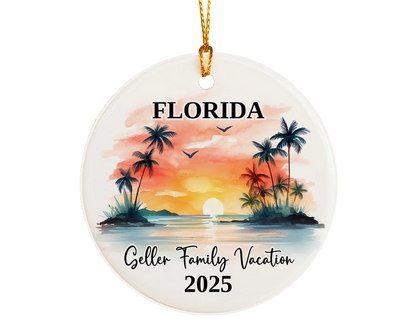 Custom vacation Florida ceramic photo ornament with personalized message – handmade Christmas bauble, gift souvenir, or vacation keepsake. 