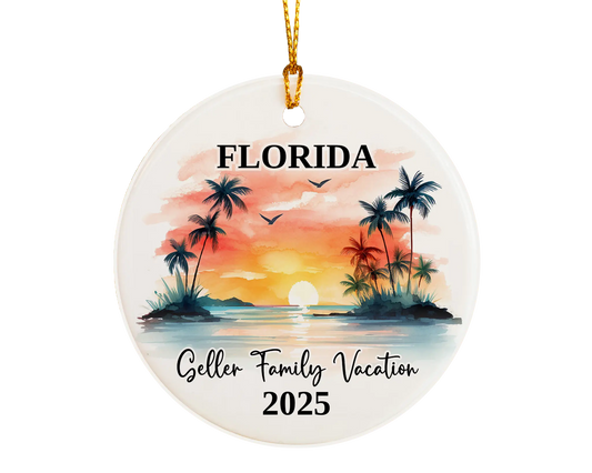 Custom vacation Florida ceramic photo ornament with personalized message – handmade Christmas bauble, gift souvenir, or vacation keepsake. 