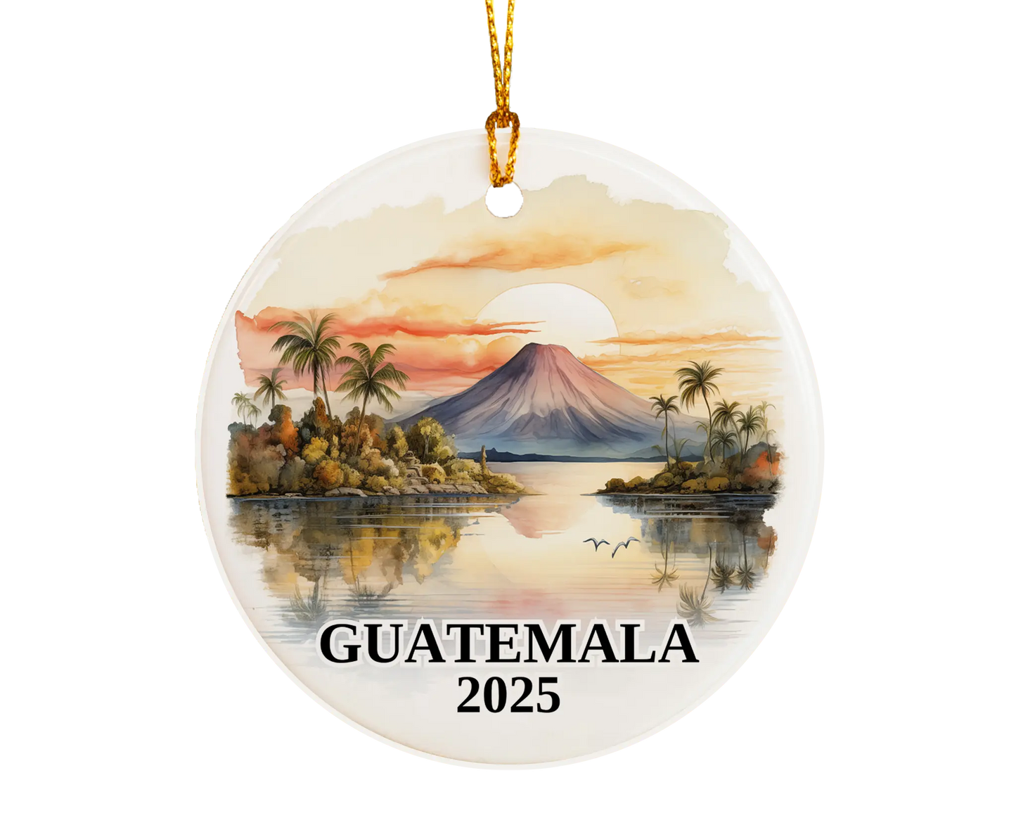 Custom Guatemala ceramic photo ornament with personalized message – handmade Christmas bauble, gift souvenir, or vacation keepsake. 