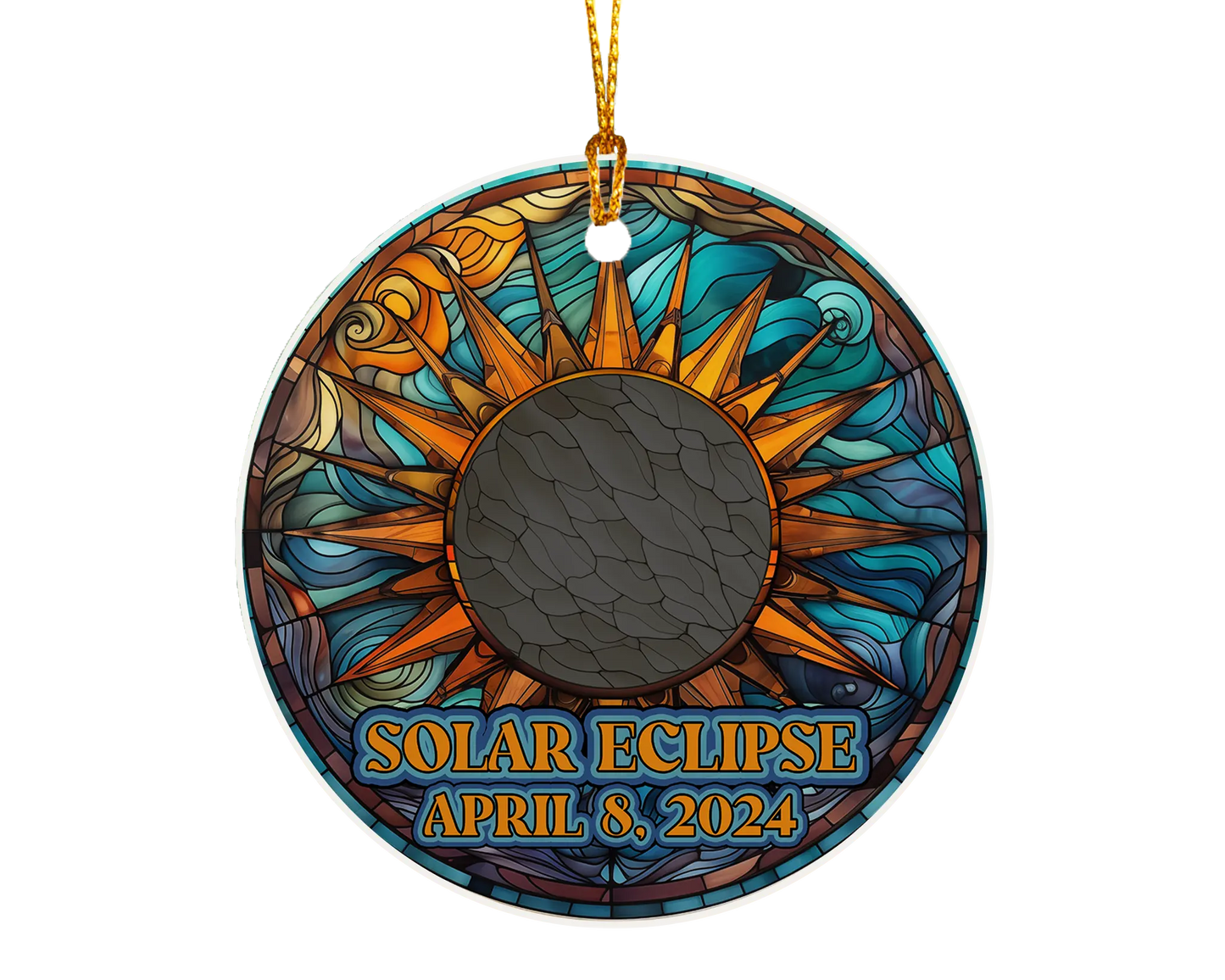 Ceramic solar eclipse 2024 ornament with celestial design – space-themed gift or keepsake.