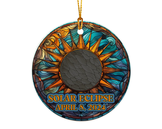 Ceramic solar eclipse 2024 ornament with celestial design – space-themed gift or keepsake.