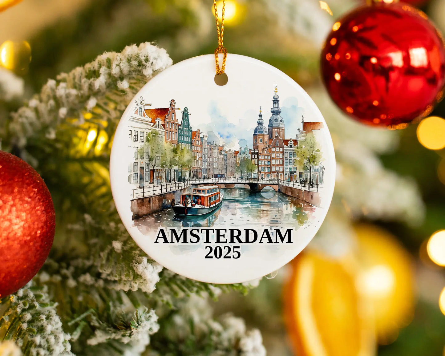 Custom Amsterdam, Netherlands ceramic photo ornament with personalized message – handmade Christmas bauble, gift souvenir, or vacation keepsake. 