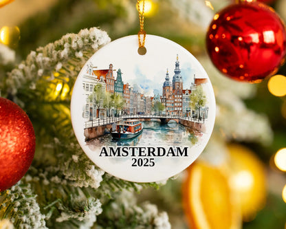 Custom Amsterdam, Netherlands ceramic photo ornament with personalized message – handmade Christmas bauble, gift souvenir, or vacation keepsake. 