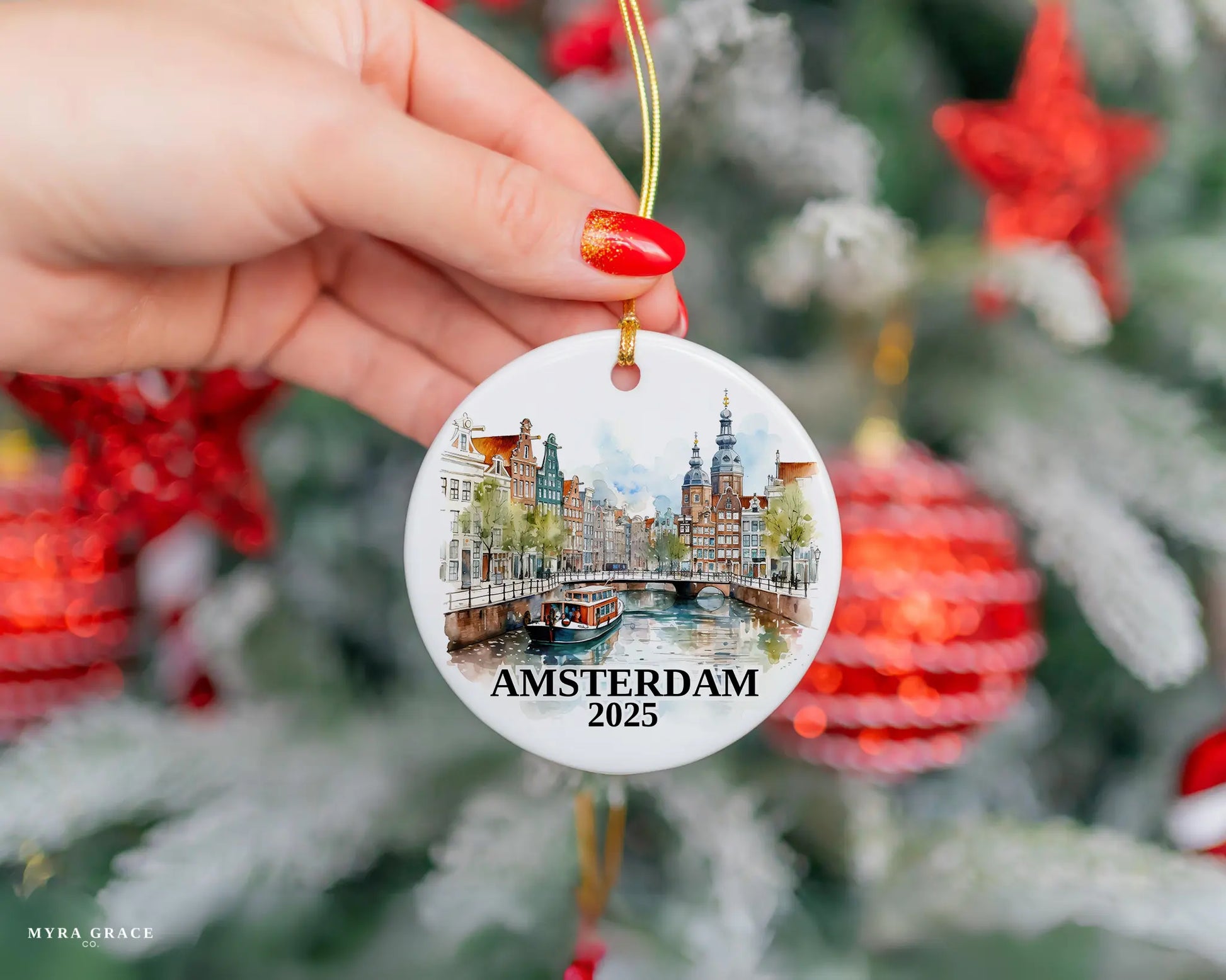 Custom Amsterdam, Netherlands ceramic photo ornament with personalized message – handmade Christmas bauble, gift souvenir, or vacation keepsake. 