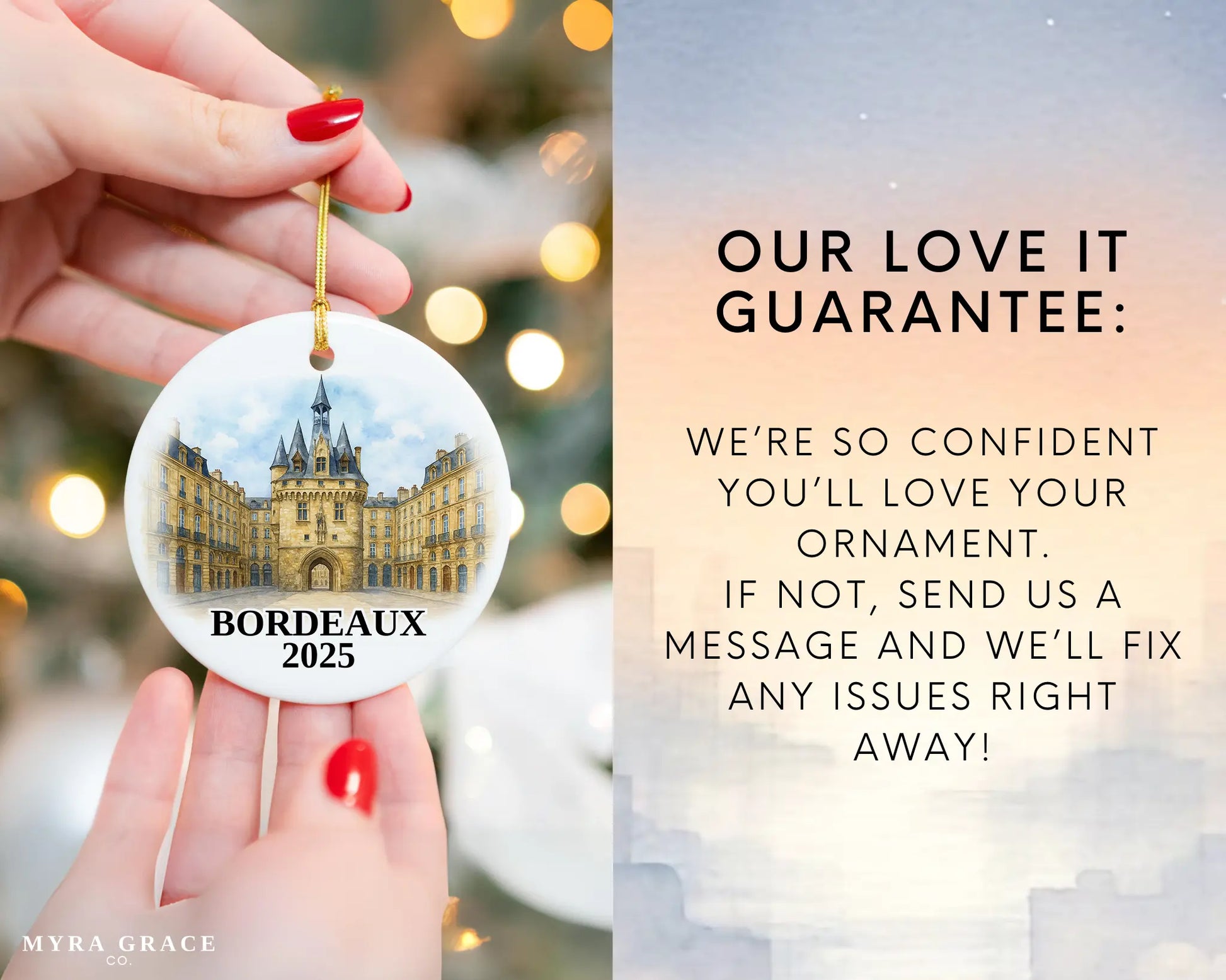 Custom Bordeaux France ceramic photo ornament with personalized message – handmade Christmas bauble, gift souvenir, or vacation keepsake. Love it guarantee