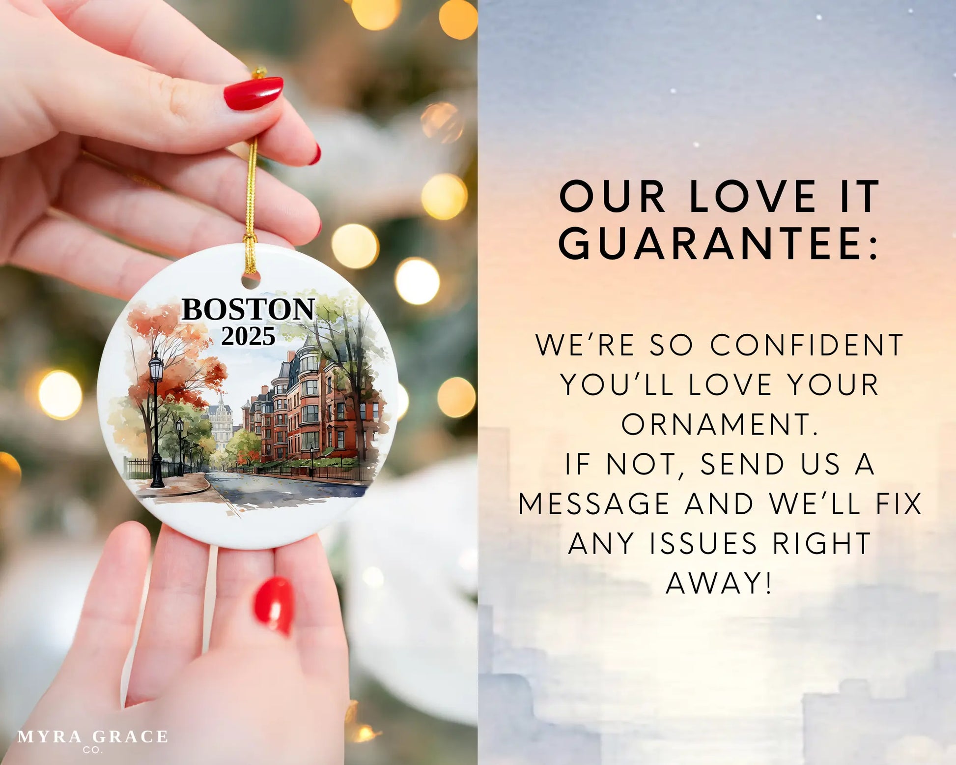 Boston Massachusetts Ornament Custom Gift Souvenir Bauble. Custom Boston Massachusetts ceramic photo ornament with personalized message – handmade Christmas bauble, gift souvenir, or vacation keepsake.  Love it guarantee