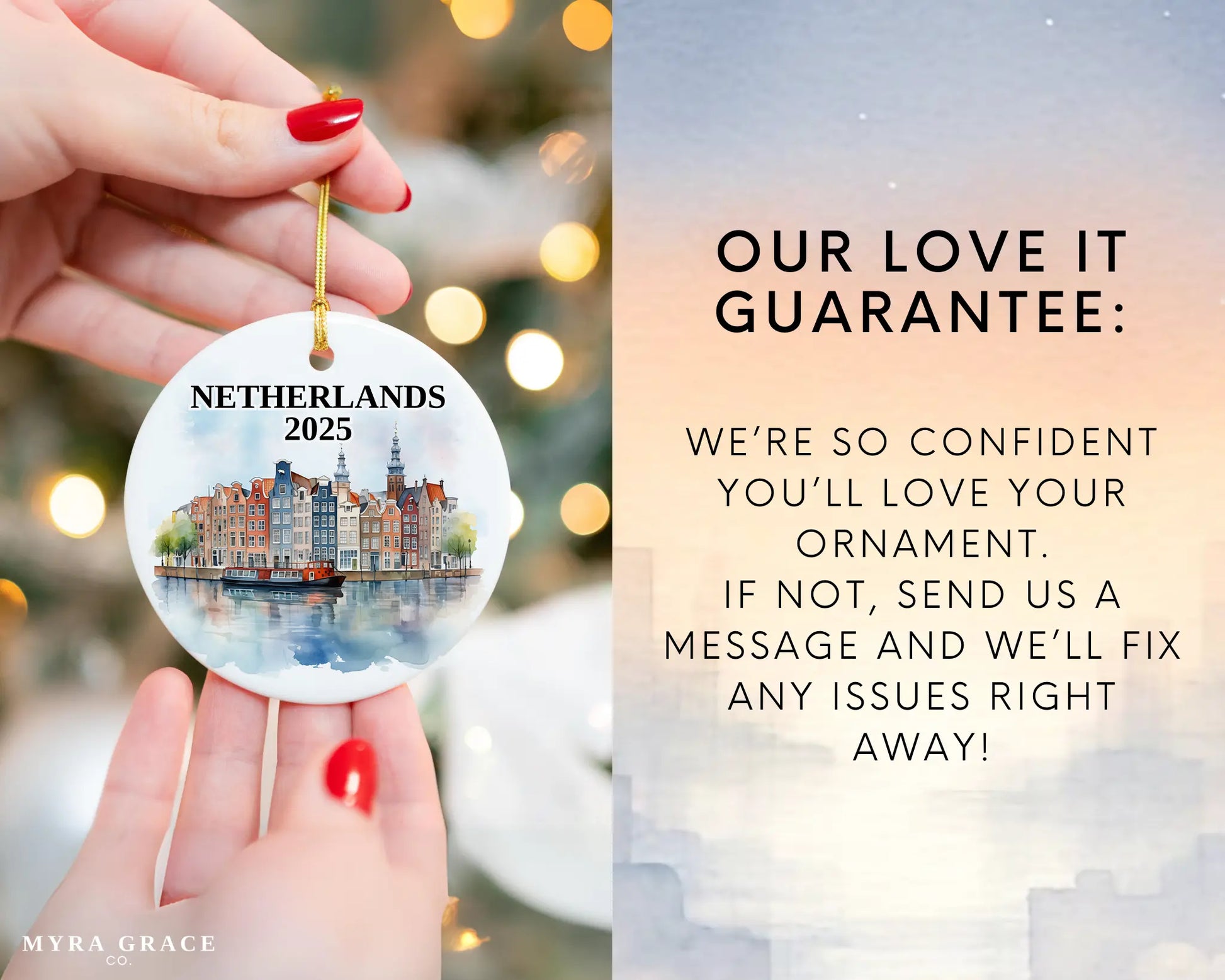 Custom Netherlands ceramic photo ornament with personalized message – handmade Christmas bauble, gift souvenir, or vacation keepsake.  Love it guarantee