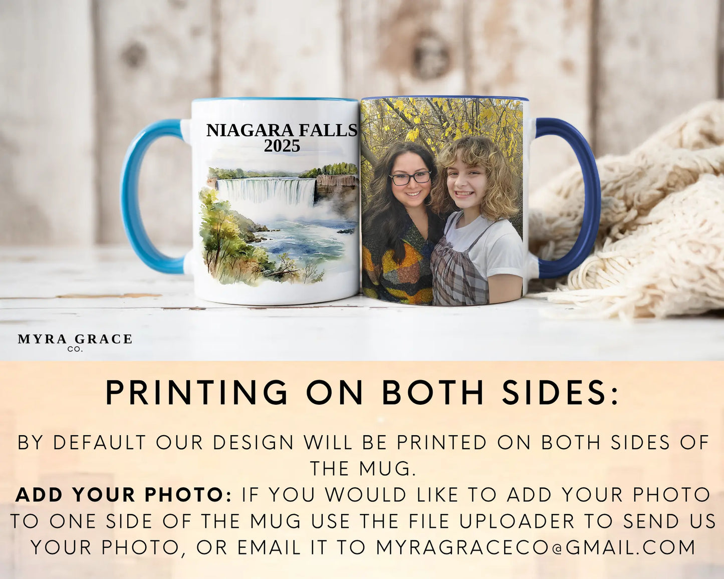 Custom ceramic Niagara Falls vacation mug with watercolor location design, date, and personal photo – personalized travel gift or photo mug. Add your photo