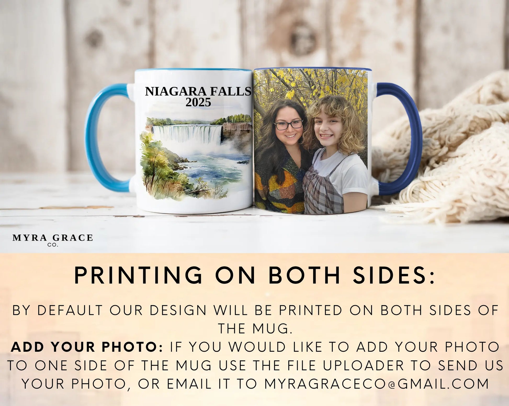 Custom ceramic Niagara Falls vacation mug with watercolor location design, date, and personal photo – personalized travel gift or photo mug. Add your photo