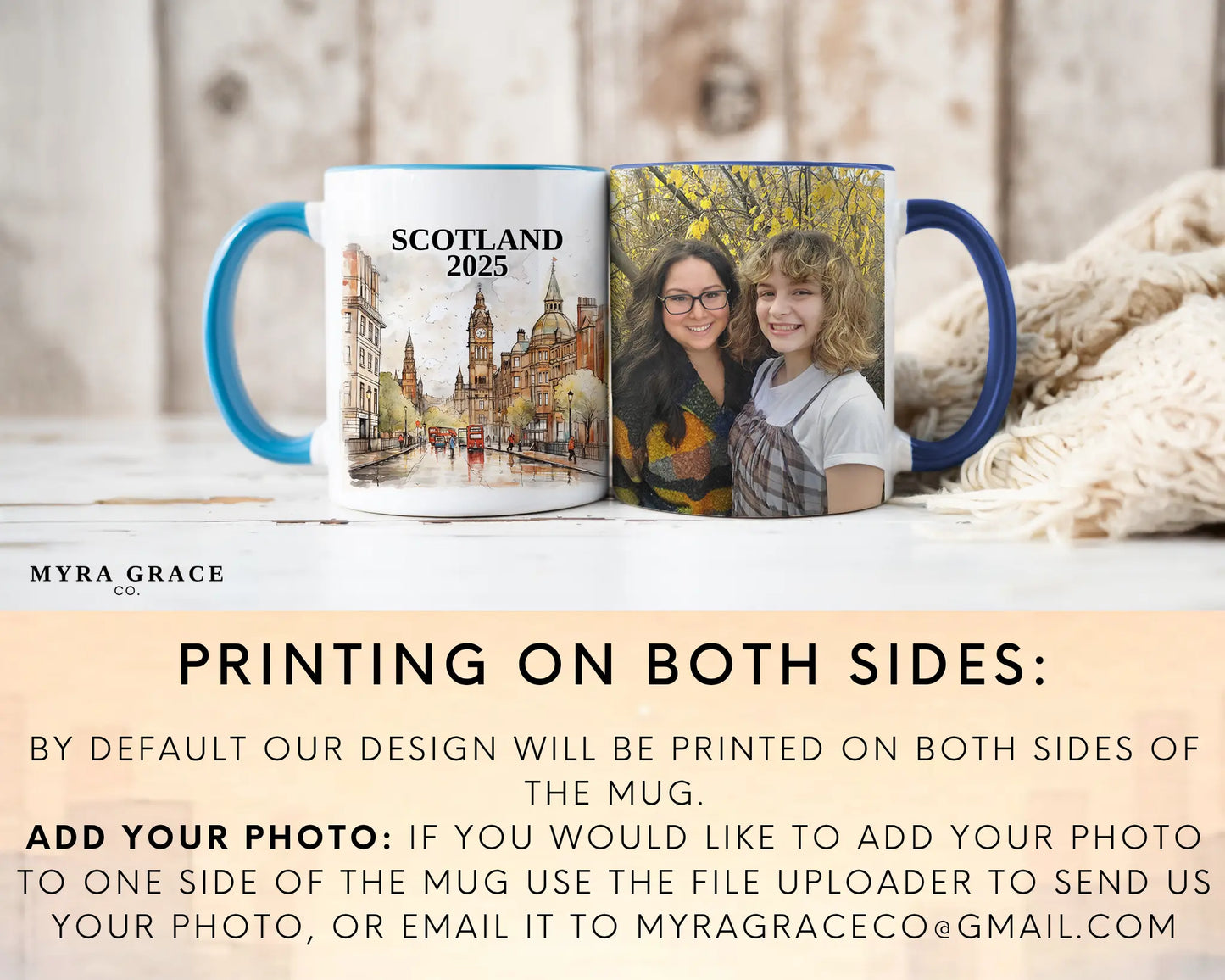 Custom ceramic Scotland vacation mug with watercolor location design, date, and personal photo – personalized travel gift or photo mug. Add your photo