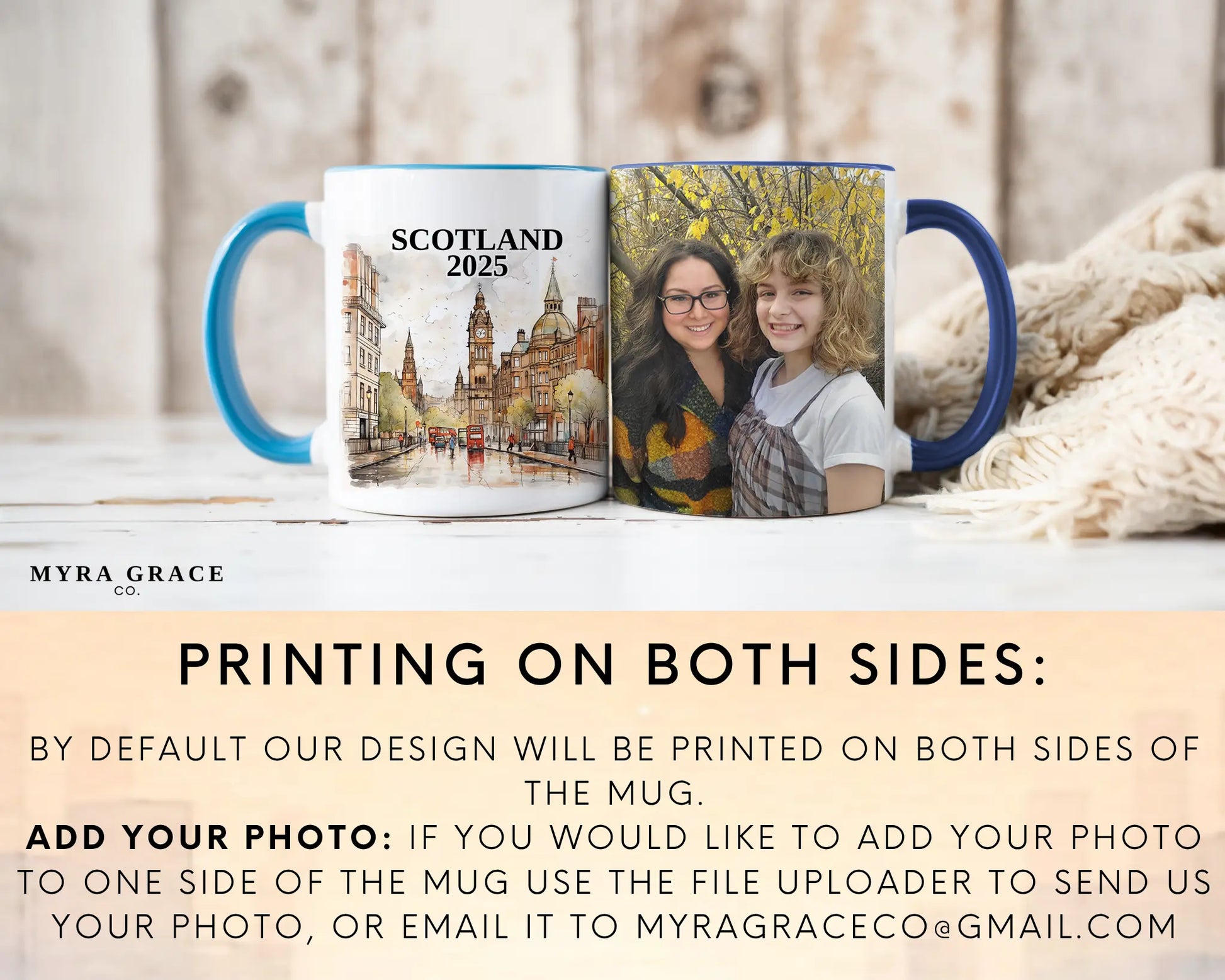 Custom ceramic Scotland vacation mug with watercolor location design, date, and personal photo – personalized travel gift or photo mug. Add your photo
