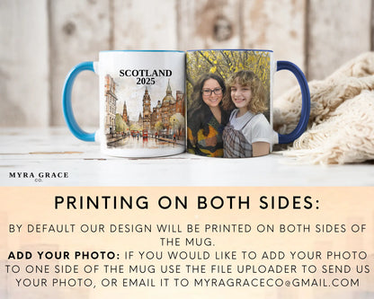 Custom ceramic Scotland vacation mug with watercolor location design, date, and personal photo – personalized travel gift or photo mug. Add your photo