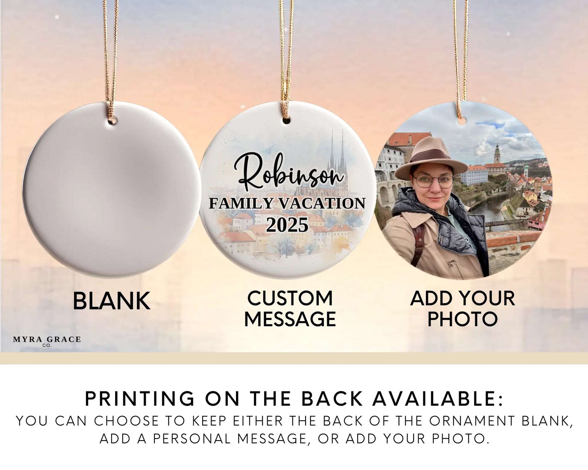Custom Brno, Czech Republic ceramic photo ornament with personalized message – handmade Christmas bauble, gift souvenir, or vacation keepsake. Add your photo