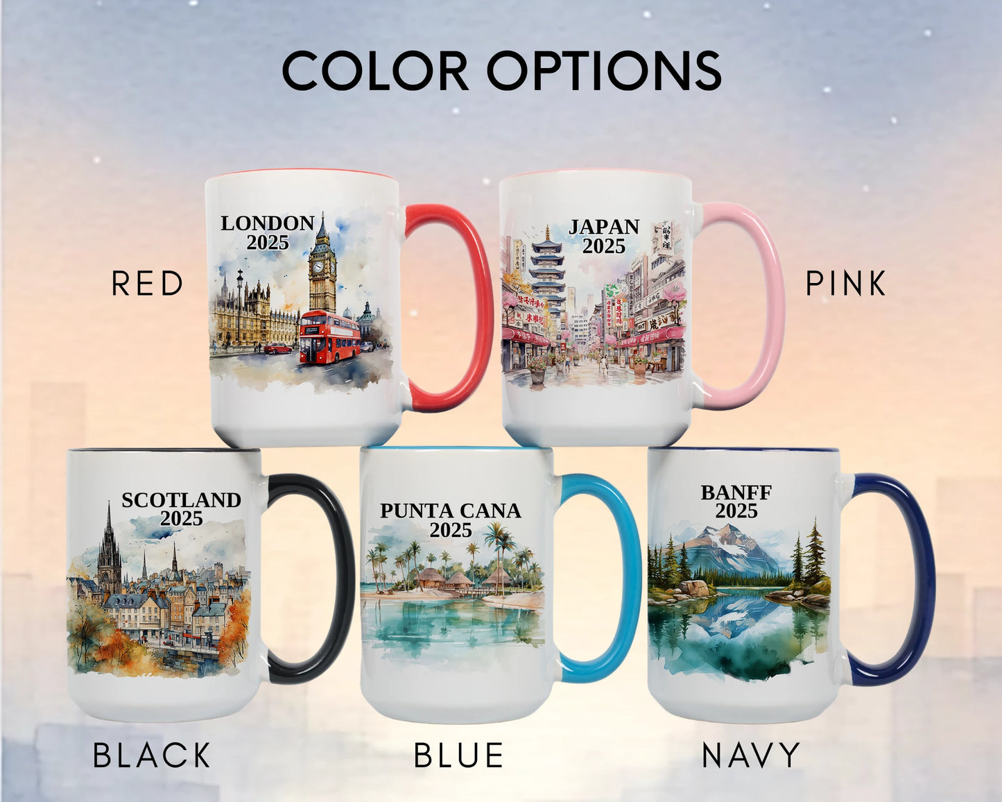 Custom ceramic Edinburgh Scotland vacation mug with watercolor location design, date, and personal photo – personalized travel gift or photo mug. Color options