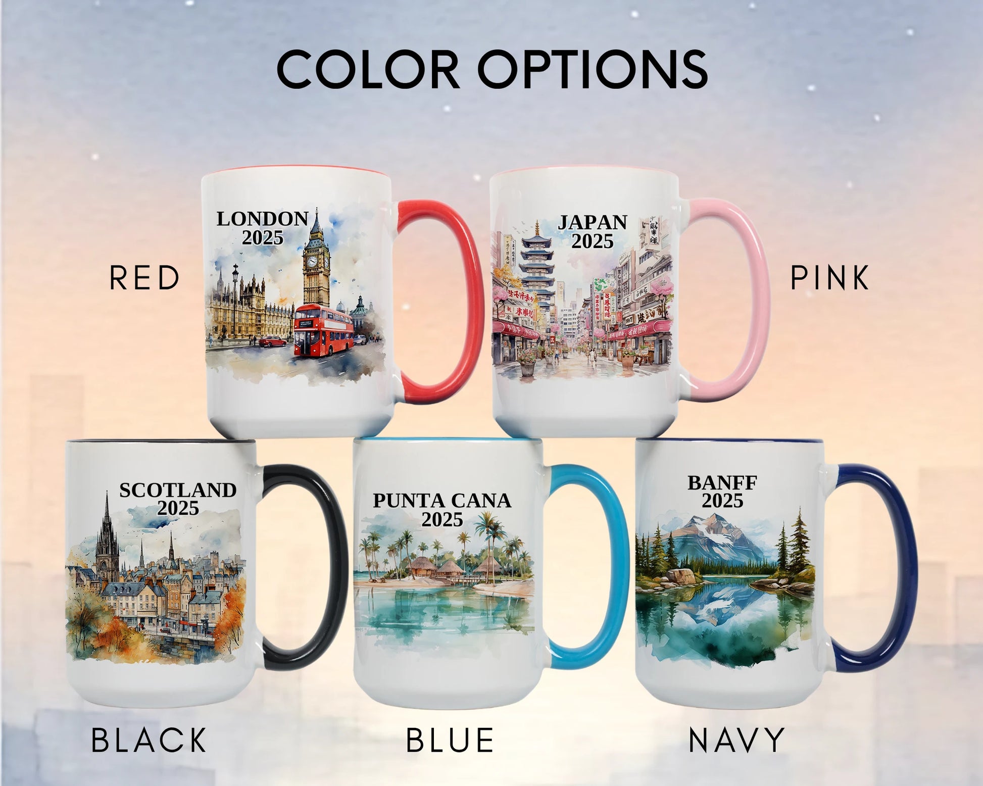 Custom ceramic Edinburgh Scotland vacation mug with watercolor location design, date, and personal photo – personalized travel gift or photo mug. Color options