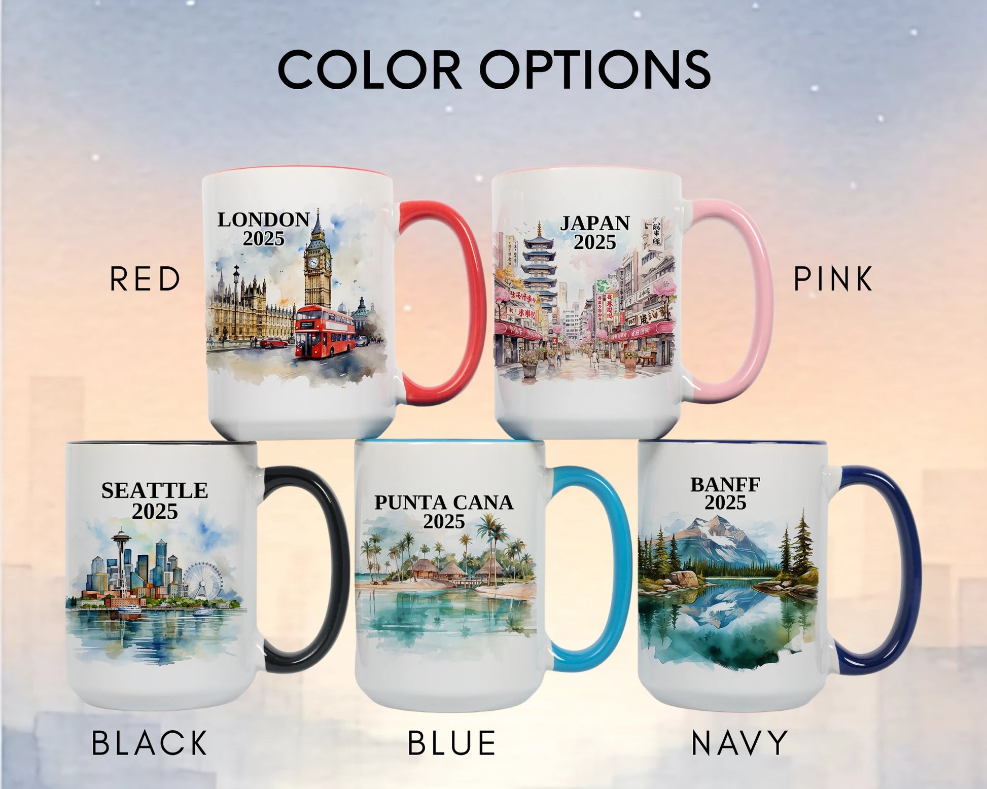 Custom ceramic Seattle vacation mug with watercolor location design, date, and personal photo – personalized travel gift or photo mug. Color options