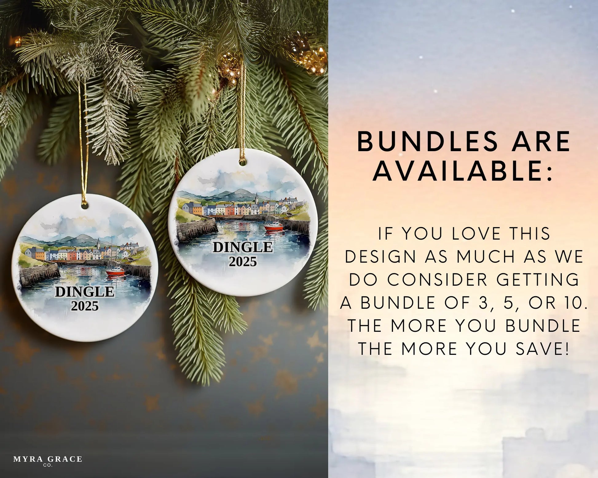Custom Dingle Ireland ceramic photo ornament with personalized message – handmade Christmas bauble, gift souvenir, or vacation keepsake.  Bundles are available
