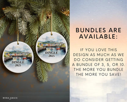 Custom Dingle Ireland ceramic photo ornament with personalized message – handmade Christmas bauble, gift souvenir, or vacation keepsake.  Bundles are available