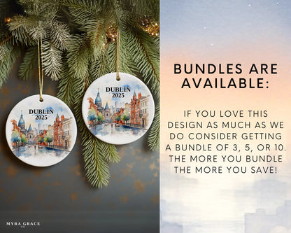 Custom Dublin Ireland ceramic photo ornament with personalized message – handmade Christmas bauble, gift souvenir, or vacation keepsake.  Bundles are available
