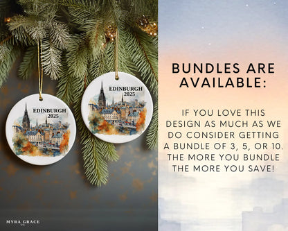Custom Edinburgh ceramic photo ornament with personalized message – handmade Christmas bauble, gift souvenir, or vacation keepsake.  Bundles are available