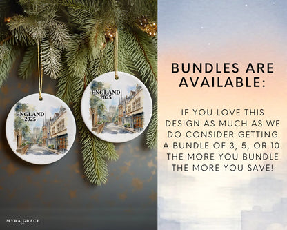 Custom England Oxford ceramic photo ornament with personalized message – handmade Christmas bauble, gift souvenir, or vacation keepsake.  Bundles are available