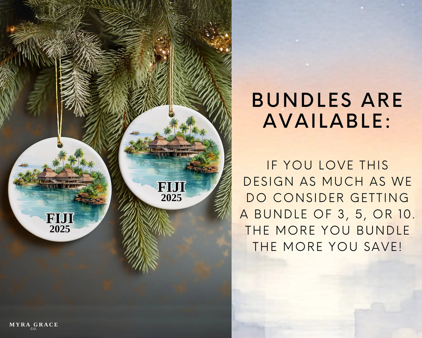 Custom Fiji ceramic photo ornament with personalized message – handmade Christmas bauble, gift souvenir, or vacation keepsake.  bundles are available