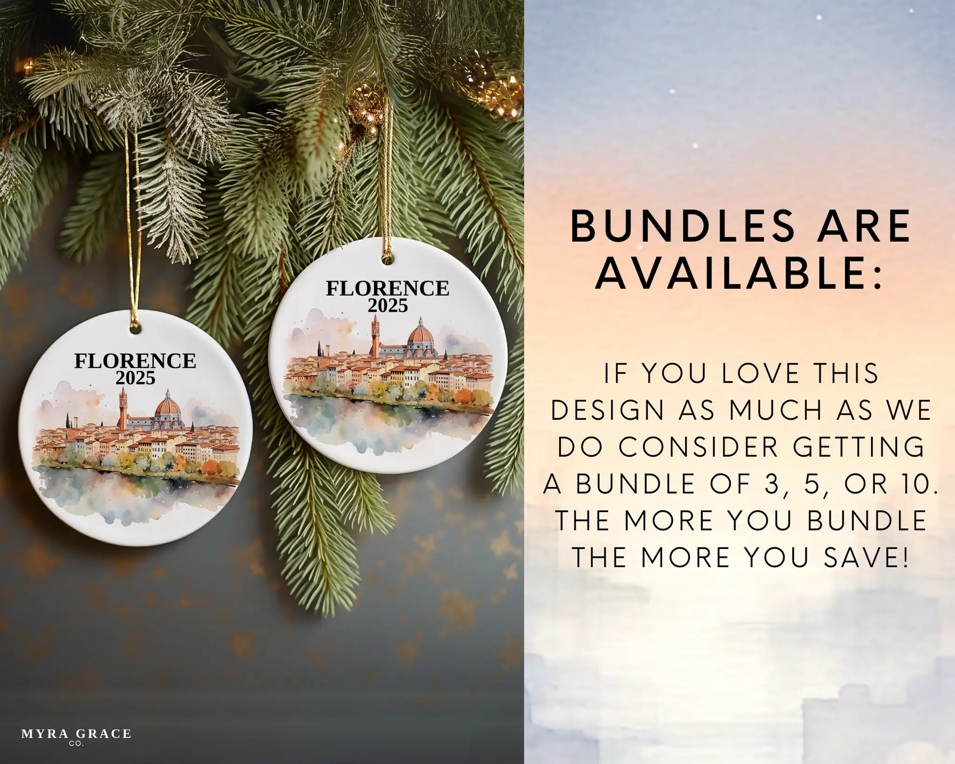 Custom Florence Italy ceramic photo ornament with personalized message – handmade Christmas bauble, gift souvenir, or vacation keepsake.  bundles are available