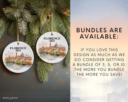 Custom Florence Italy ceramic photo ornament with personalized message – handmade Christmas bauble, gift souvenir, or vacation keepsake.  bundles are available