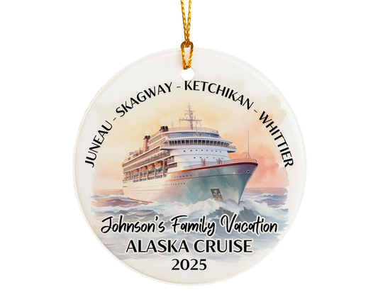 Handmade ceramic Alaska cruise ornament with personalized location and photo – custom Christmas bauble or cruise vacation souvenir.