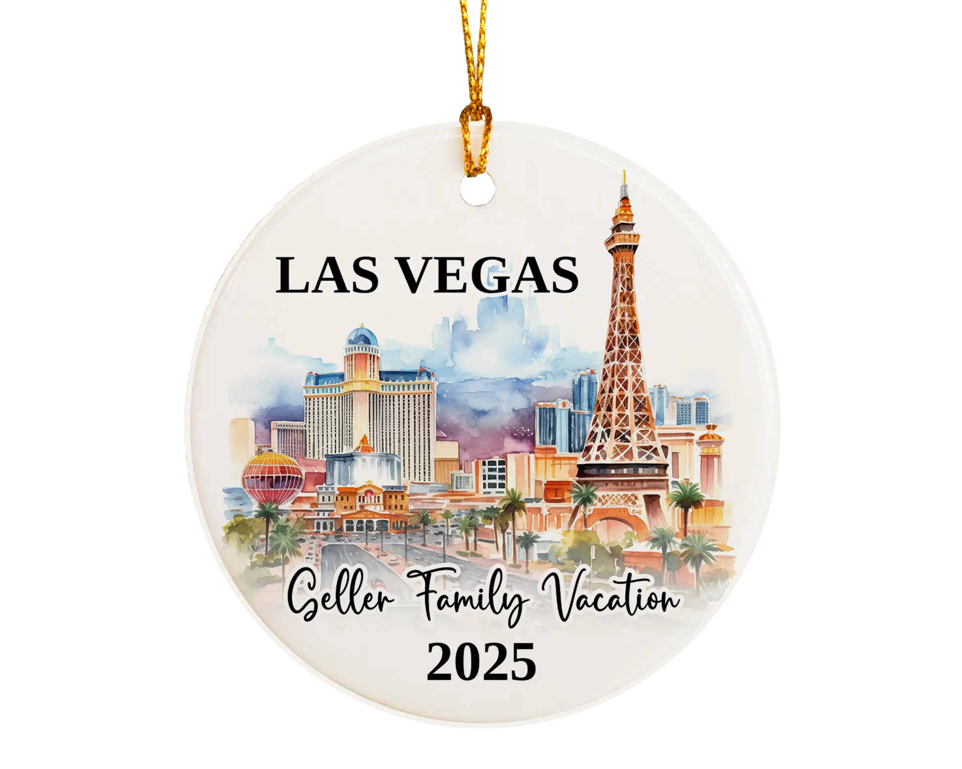 Custom vacation Vegas ceramic photo ornament with personalized message – handmade Christmas bauble, gift souvenir, or vacation keepsake. 