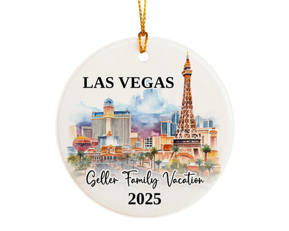Custom vacation Vegas ceramic photo ornament with personalized message – handmade Christmas bauble, gift souvenir, or vacation keepsake. 