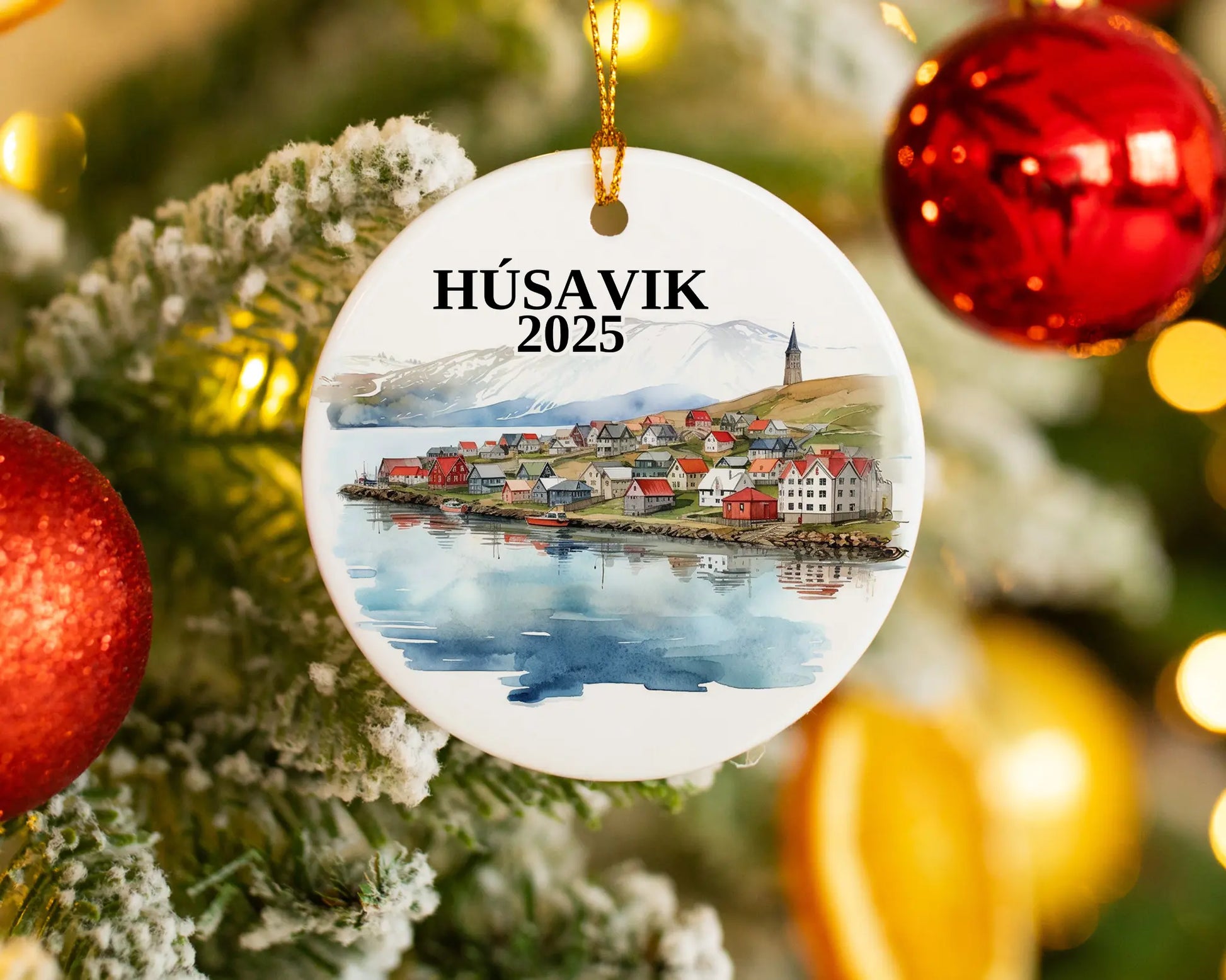 Custom Husavik Iceland ceramic photo ornament with personalized message – handmade Christmas bauble, gift souvenir, or vacation keepsake.  