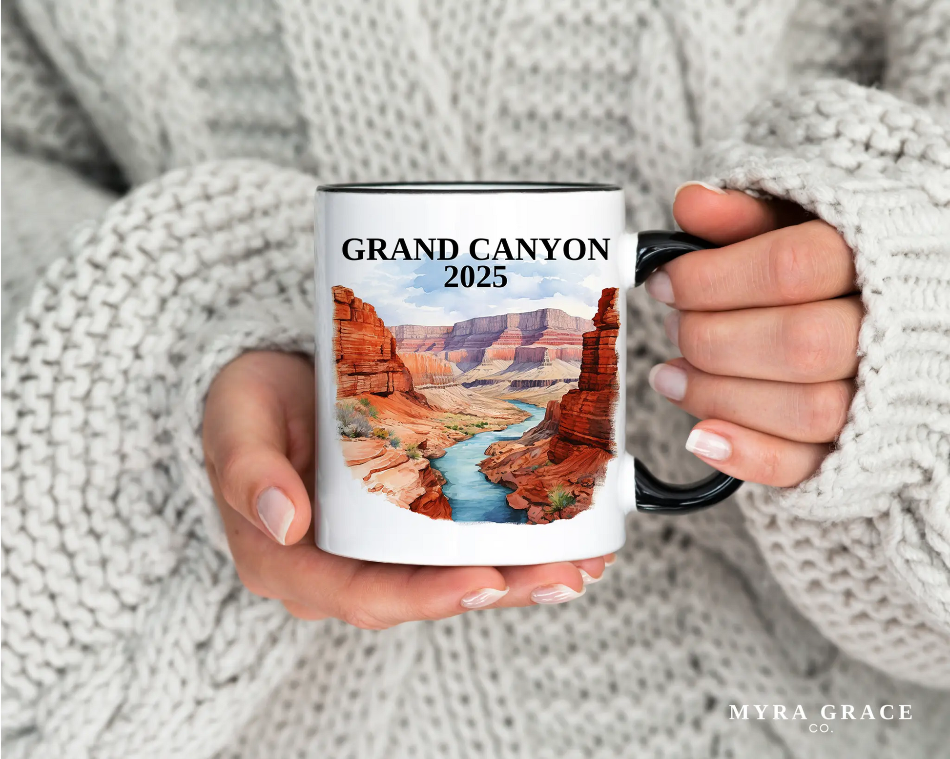Custom ceramic Grand Canyon vacation mug with watercolor location design, date, and personal photo – personalized travel gift or photo mug. 