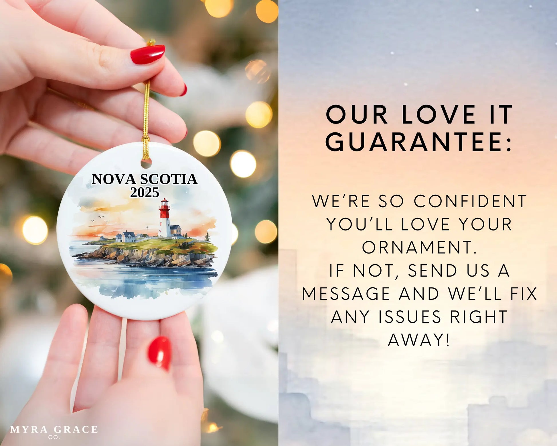 Custom Nova Scotia ceramic photo ornament with personalized message – handmade Christmas bauble, gift souvenir, or vacation keepsake. Love it guarantee
