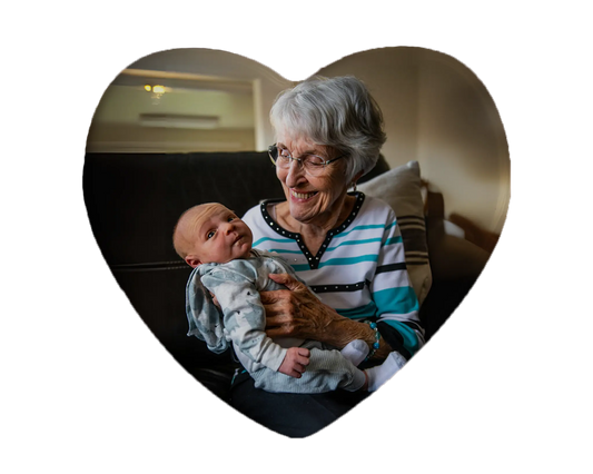 Heart-shaped custom grandma ceramic photo magnet on fridge – handmade personalized gift or Christmas fridge magnet. 