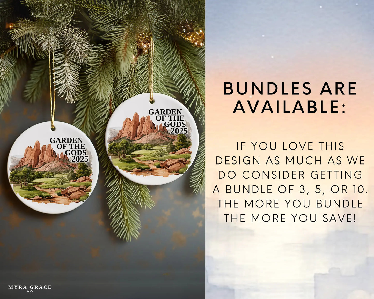 Custom Garden of the Gods Colorado Springs ceramic photo ornament with personalized message – handmade Christmas bauble, gift souvenir, or vacation keepsake.  bundles are available