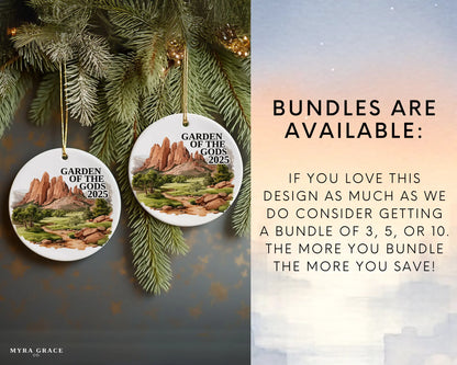 Custom Garden of the Gods Colorado Springs ceramic photo ornament with personalized message – handmade Christmas bauble, gift souvenir, or vacation keepsake.  bundles are available