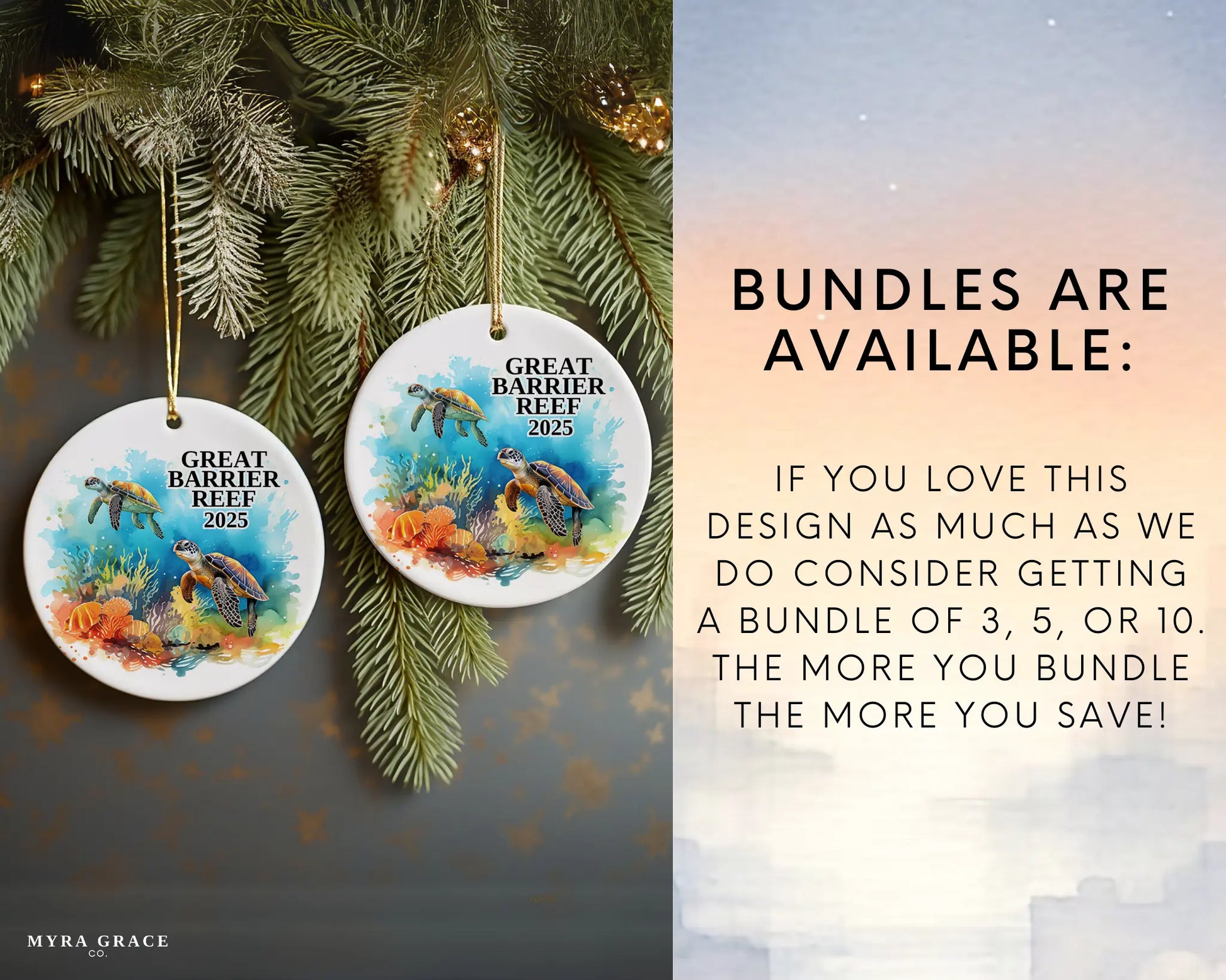 Custom Great Barrier Reef ceramic photo ornament with personalized message – handmade Christmas bauble, gift souvenir, or vacation keepsake.  bundles are available