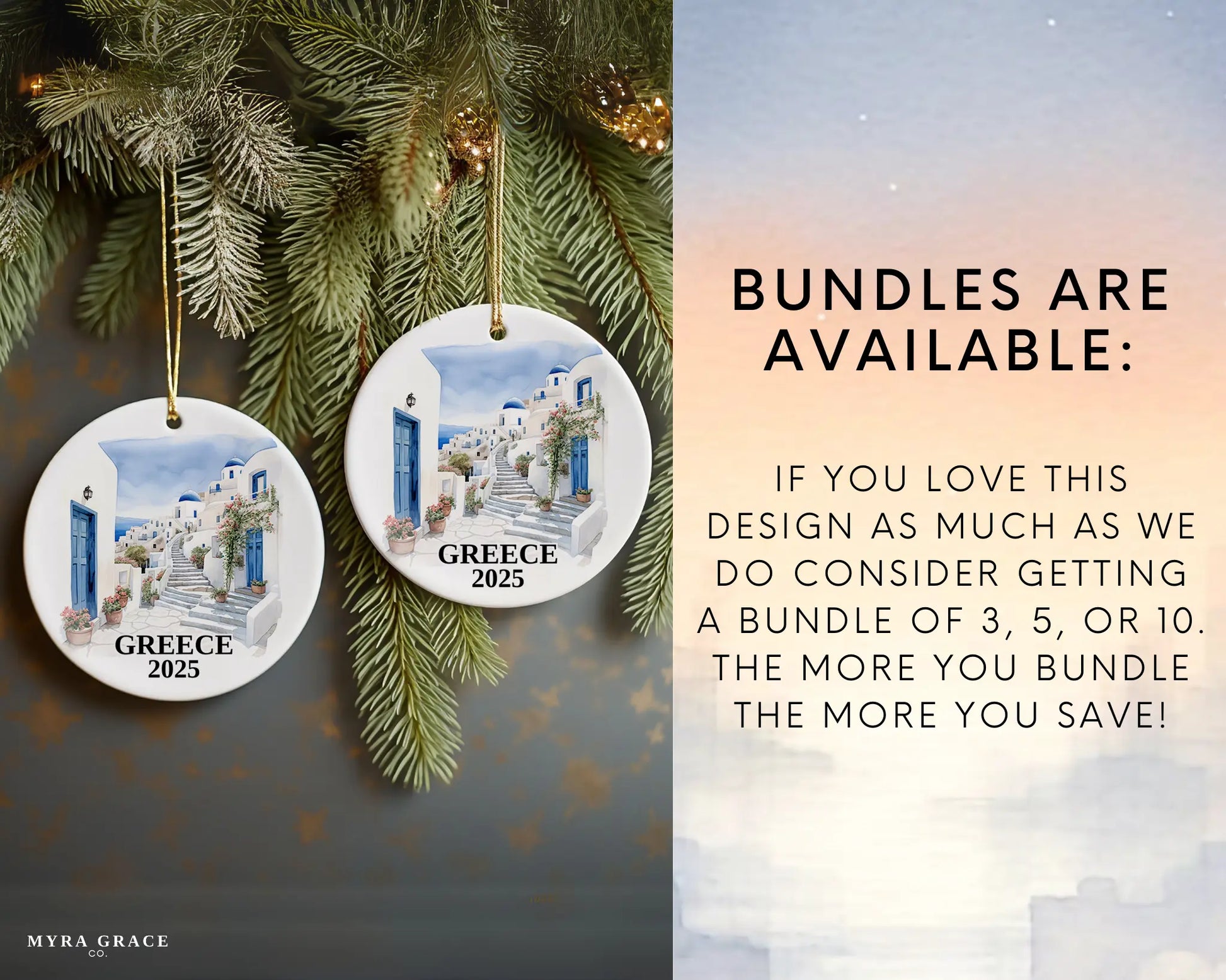Custom Santorini Greece ceramic photo ornament with personalized message – handmade Christmas bauble, gift souvenir, or vacation keepsake.  bundles are available
