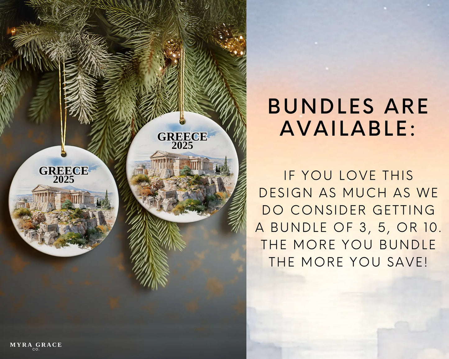 Custom Athens Greece ceramic photo ornament with personalized message – handmade Christmas bauble, gift souvenir, or vacation keepsake.  Bundles are available