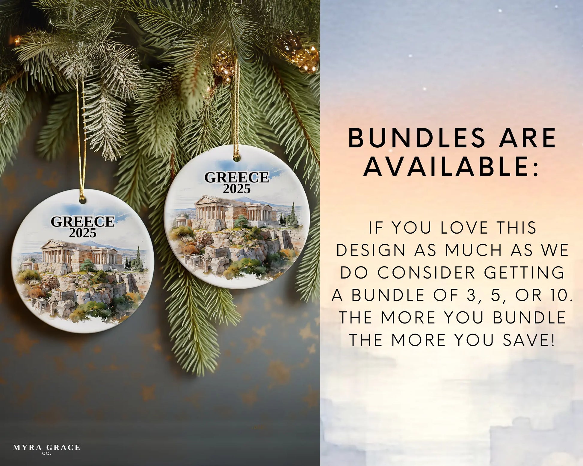 Custom Athens Greece ceramic photo ornament with personalized message – handmade Christmas bauble, gift souvenir, or vacation keepsake.  Bundles are available