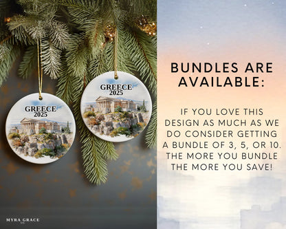 Custom Athens Greece ceramic photo ornament with personalized message – handmade Christmas bauble, gift souvenir, or vacation keepsake.  Bundles are available