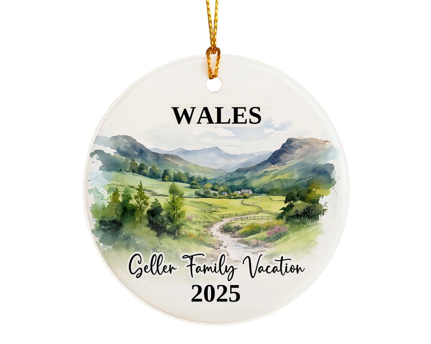 Custom vacation Wales Cymru ceramic photo ornament with personalized message – handmade Christmas bauble, gift souvenir, or vacation keepsake. 