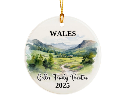 Custom vacation Wales Cymru ceramic photo ornament with personalized message – handmade Christmas bauble, gift souvenir, or vacation keepsake. 