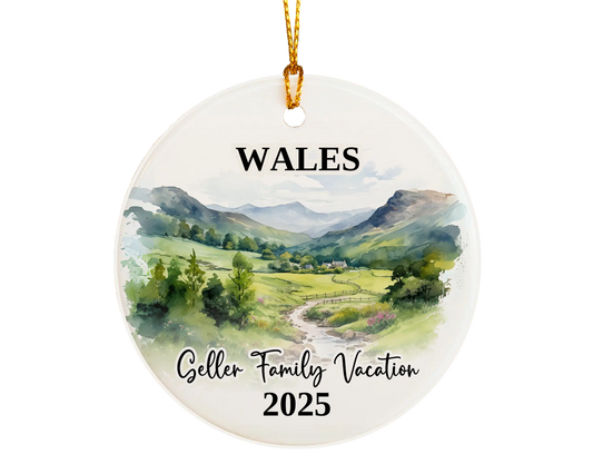 Custom vacation Wales Cymru ceramic photo ornament with personalized message – handmade Christmas bauble, gift souvenir, or vacation keepsake. 