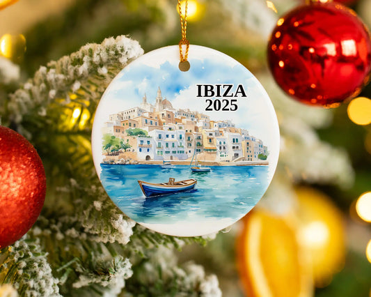 Custom Ibiza Spain ceramic photo ornament with personalized message – handmade Christmas bauble, gift souvenir, or vacation keepsake.  